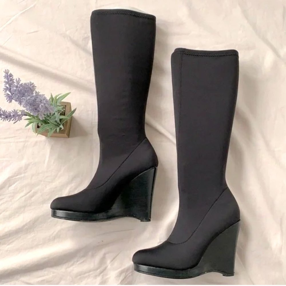Colin Stuart knee black high wedge boots, size 6.5